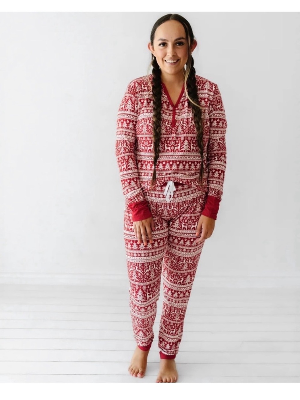 Little Sleepies Red Reindeer Cheer Women’s Bamboo Viscose Christmas Pajama Set S